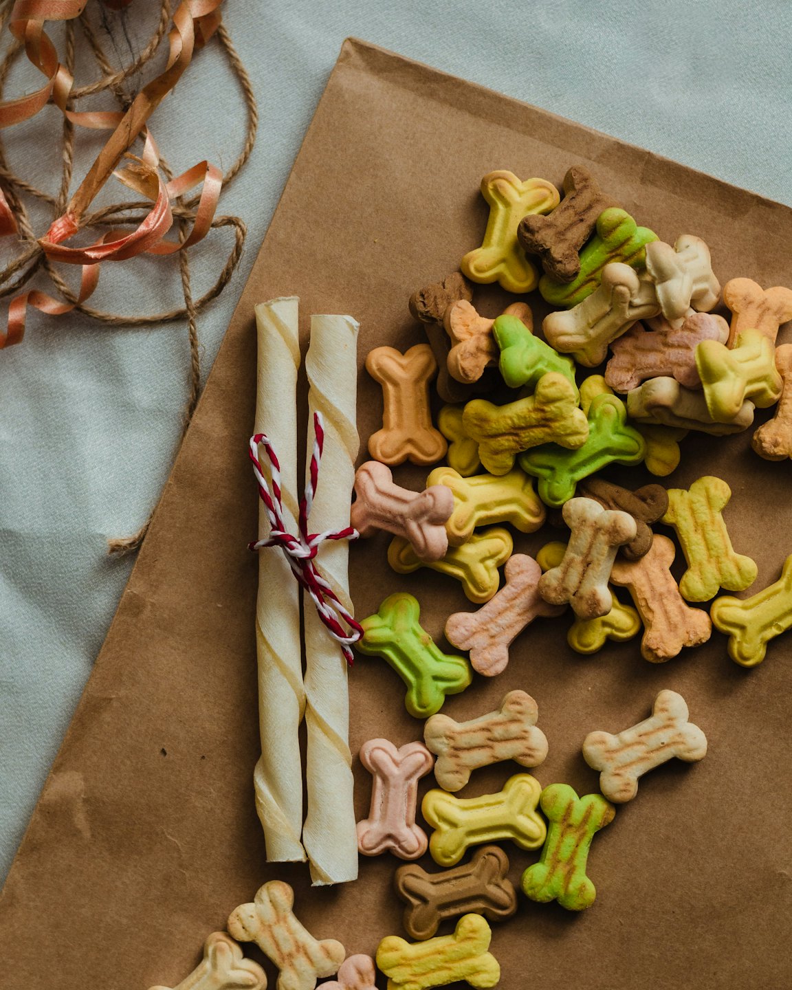 Colorful bone-shaped dog biscuits are scattered on brown paper.
